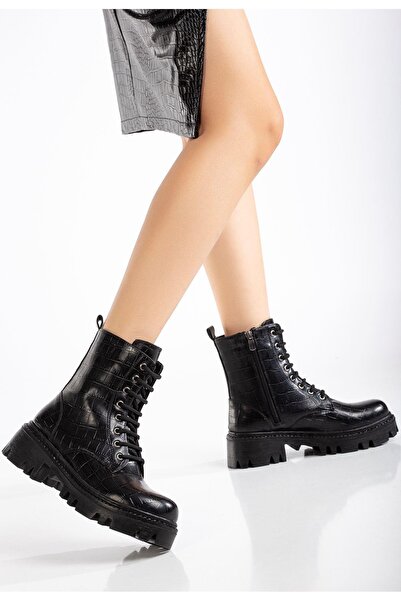 Aymood 868-2289 Black Crocodile Lace-Up Zippered Daily Women's Boots