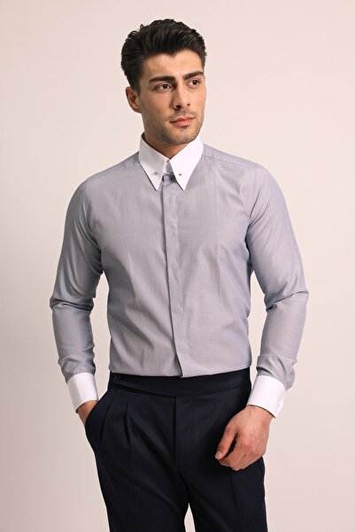 Fc Plus MAVİ İĞNELİ SİVRİ YAKA ERKEK GÖMLEK - SLIM FIT