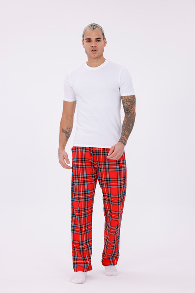 Arvin Ανδρική φόρμα πιτζάμα με καρό εμπριμέ βαμβακερή τσέπη με ελαστική μέση