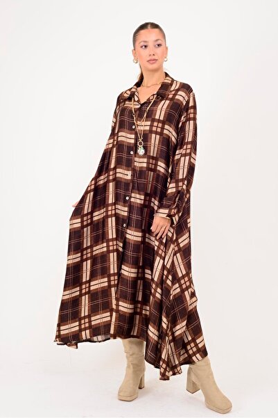 Park Moda 2743 LOVA EKOSE DESEN SATEN GÖMLEK ELBİSE