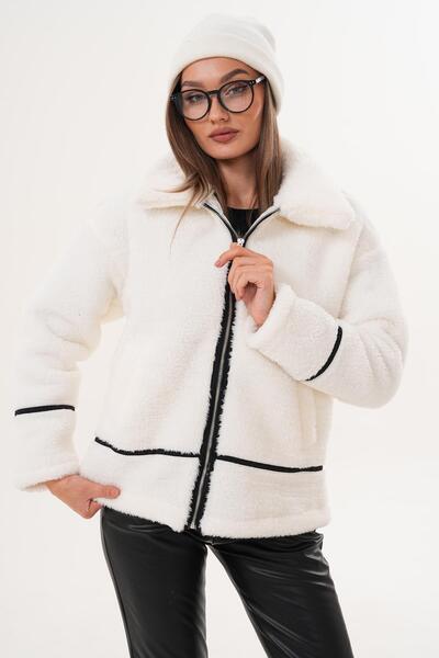 ŞİMAL Women's Striped Detail Zipper Closure Plush Jacket 255125 -