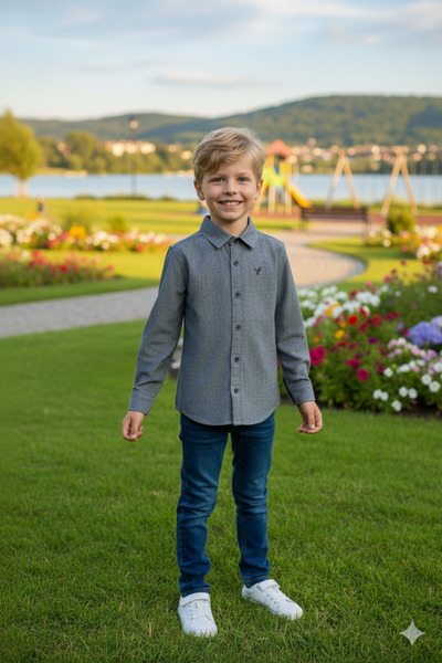 ASG TEKSTİL Dark Gray Color Bordered Winter Long Sleeve Children's Shirt