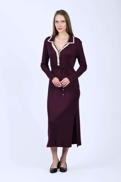 la luce Bordo V Yaka Triko Elbise - LE618