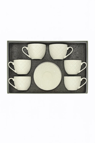 Urbanza طقم فناجين شاي وقهوة من السيراميك الأبيض المنقوش بالألماس، مكون من 6 قطع مع صحن
