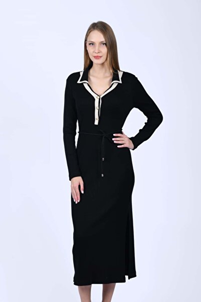 la luce Siyah V Yaka Triko Elbise - LE618