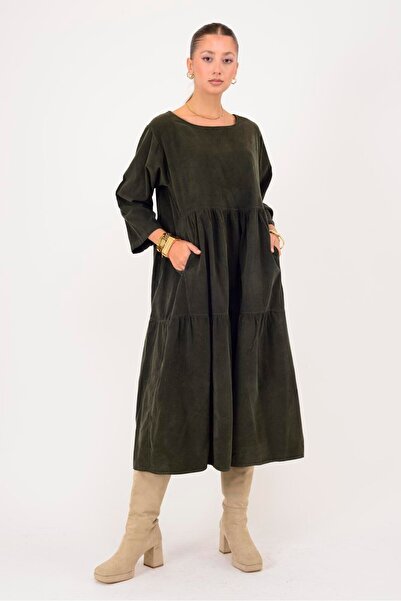 Park Moda 9879 LOVA BİSİKLET YAKA FİTİLLİ KADİFE ELBİSE