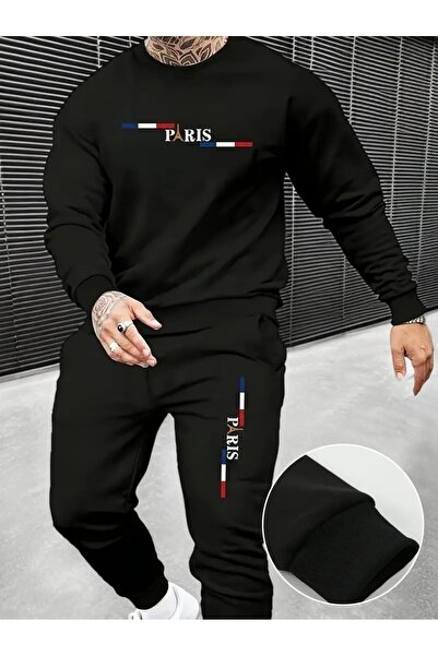 PAVRO Tracksuit Set Sweatshirt Jogger - Oversized Fleece-Lined Eyfel Ee Printed Bisikletyaka