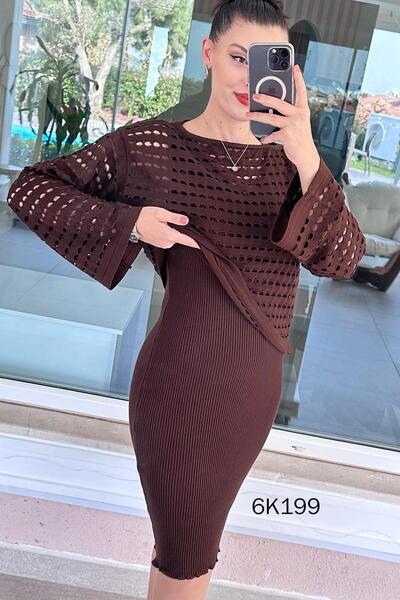 İnce Topuk Lace-Like Knit Blouse Knitwear Dress 2-Piece Set 6K199
