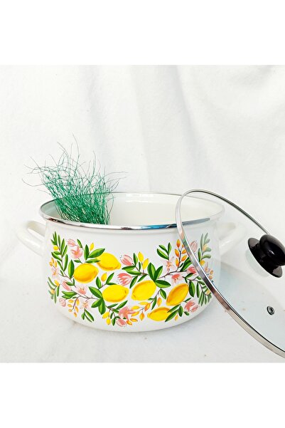 EBRULİEMAYE Lemon Flower Enamel Pot 2.8 Liters 20 cm Diameter Milk Yogurt Soup Pot