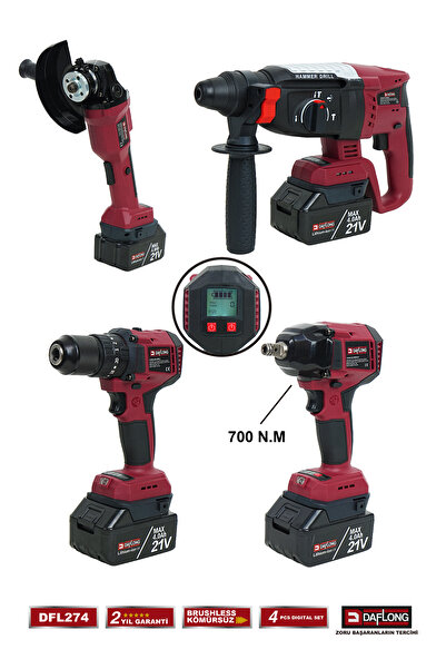 DAFLONG PRO DİJİTAL EKRANLI 4'LÜ DİJİTAL SET 700NM DİJİTAL TORK+DİJİTAL SPİRAL+DİJİTAL MATKAP+D.HİLTİ DFL274