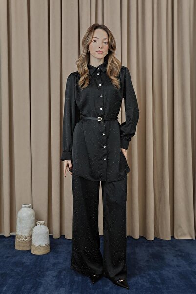 Puane Women's Tunic Pants Set with Belt and Stone Detail - 14338Tks - Black