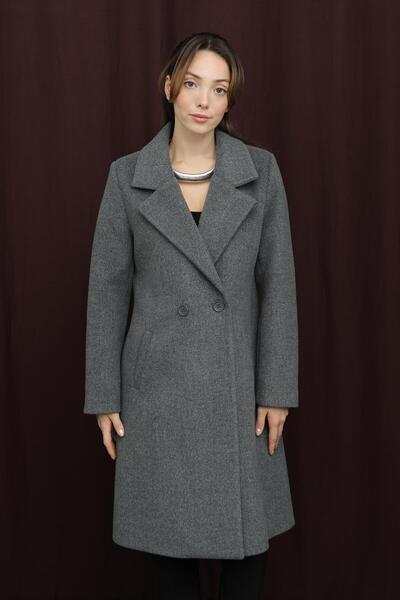 Puane Women's Double-Breasted Collar Cashmere Coat -15194Kbn - Antracite