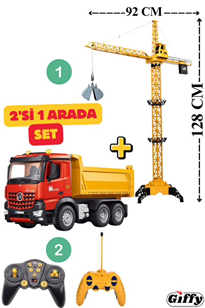 giffy Oyuncak Uzaktan Kumandalı 128 Cm Kule Vinç ve Damperli Kamyon Şarjlı Led Işıklı 2'li Set