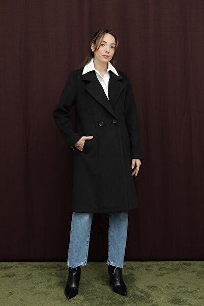 Puane Women's Double-Breasted Collar Cashmere Coat -15194Kbn - Black