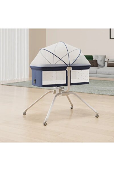 Kardett Pătuț pliabil albastru pentru bebeluși, cu saltea, plasă de țânțari, masă de înfășat, înălțime reglabilă, roți