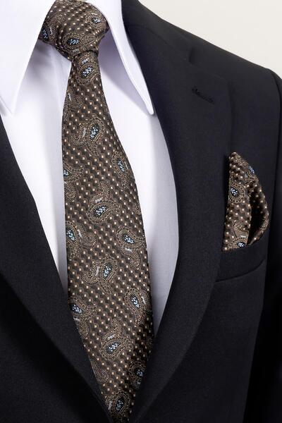 Esgue 8 cm Brown Blue Shawl Pattern Hand Made Classic Wide Handkerchief Tie