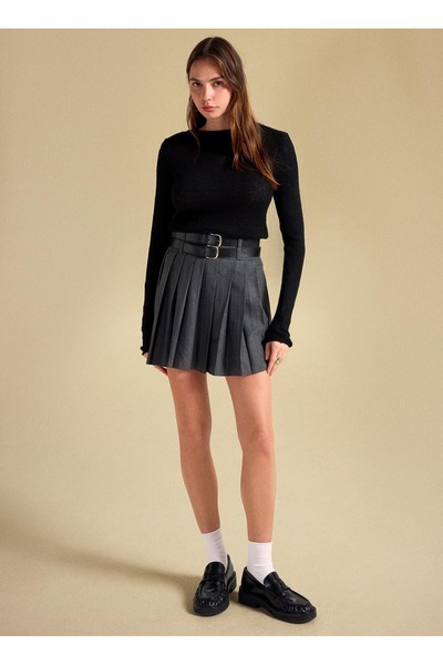 People By Fabrika Yüksek Bel Antrasit Kadın Piliseli Mini Etek PBF5WL-ETK5106