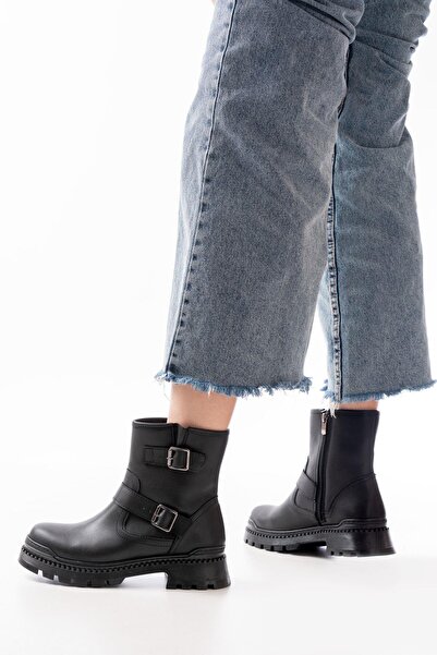 Aymood 2051-2014 Black Buckle Flat Heeled Buckle Zippered Daily Women's Boots