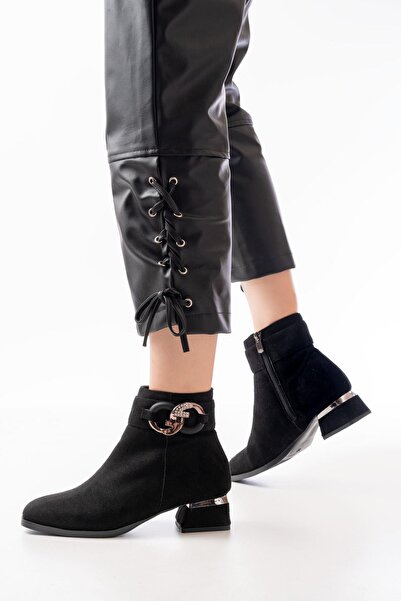 Aymood Rm-504 Black Suede Buckle Accessory Heeled Zippered Daily Women's Boots