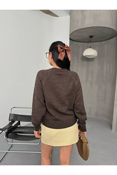 owwon Pulover cu mânecă lungă Bitter Brown guler rotund pentru femei