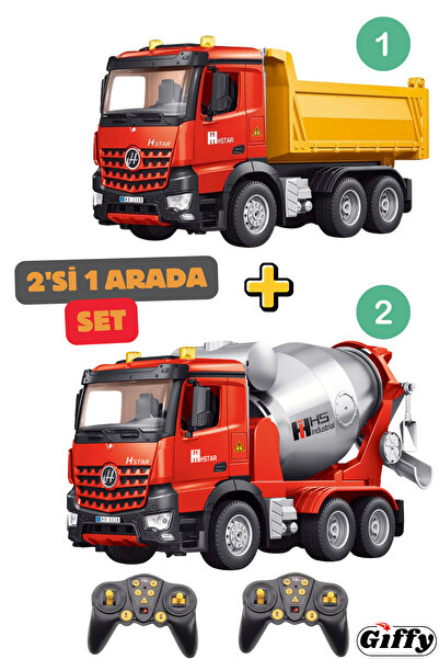 giffy Oyuncak Uzaktan Kumandalı Damperli Kamyon ve Beton Mikseri Şarjlı İş Makinesi İkili Set Sesli Işıklı