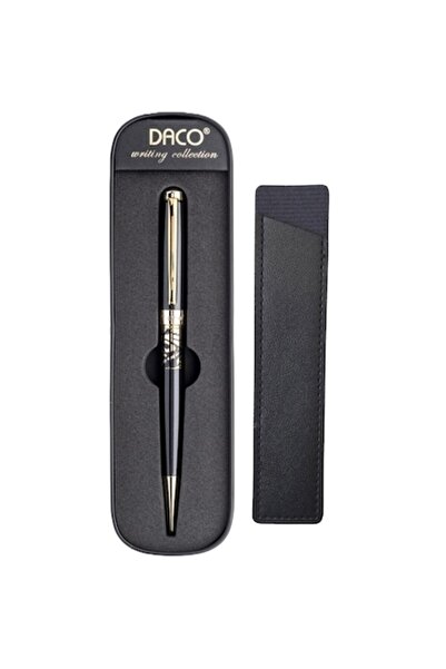 Daco Black ballpoint pen, Daco, 1.0 mm tip + FLR leather case, metal body, gold accessories, Deceba model