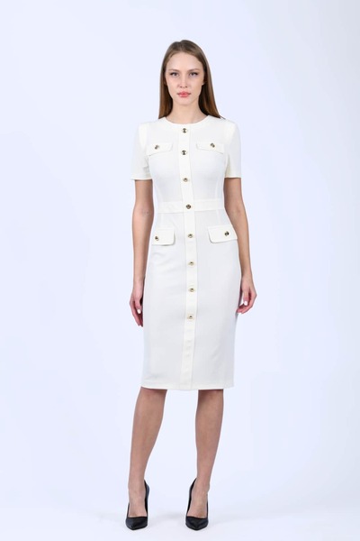 la luce Krem Düğmeli Midi Elbise - LE588