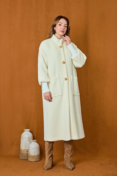 Puane Women's Button Detailed Snap Coat - 15231Kbn - Ecru