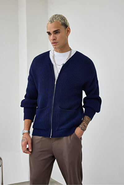 MADZEYMODA Преміум чоловічий светр з блискавкою, синій трикотаж LS-62003