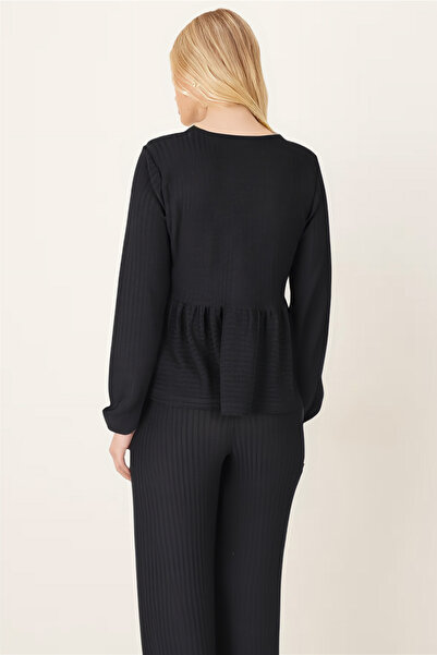 armonika Women's Black V-Neck Soft Textured Tie-Front Stretch Fabric Piece Set with Pants Arm-26K001002