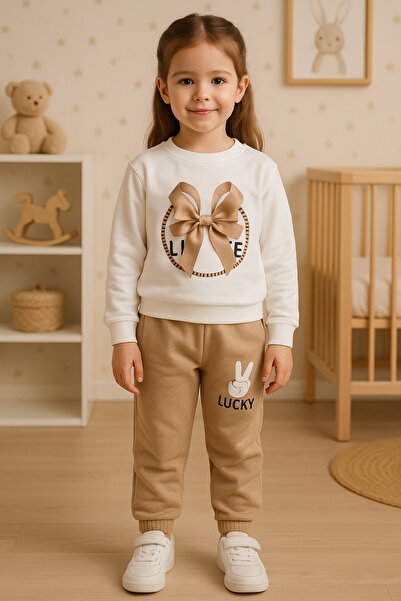 Uğur bebe Girl's Two Thread Sha Fleece-Lined Threaded Tracksuit Set Full Li Stretch Fabric Real Ribbon Detailed, Soft and Comfortable