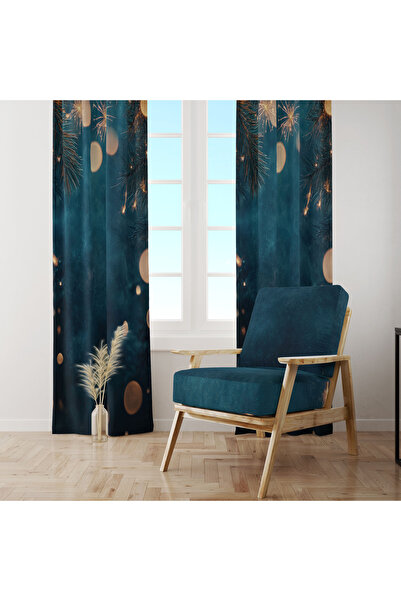 LadiesHome Petrol Blue Winter Pine Branch Bokeh 140X260 Single Panel Background Curtain