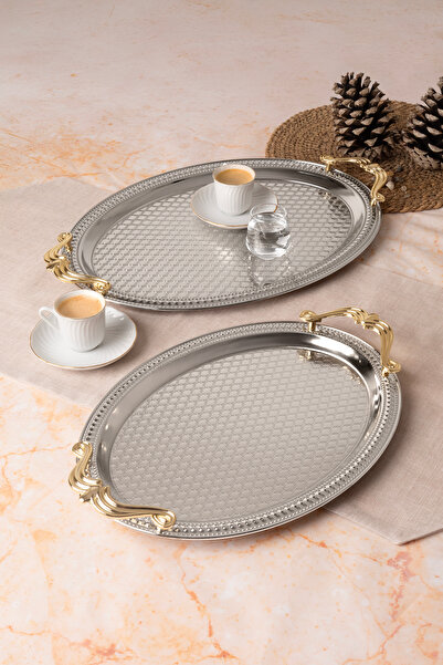 Le Paon طقم صواني بيضاوية من الفولاذ المقاوم للصدأ مكون من قطعتين - صينية تقد...