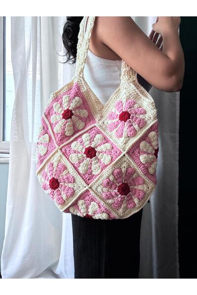 EHF LifeStyle RETRO PEMBE ÇİÇEK EL ÖRGÜSÜ MOTİF OMUZ ÇANTA