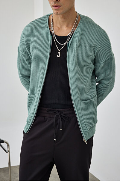MADZEYMODA Premium Men's Zippered Nefti Green Knitwear Cardigan Ls-62003