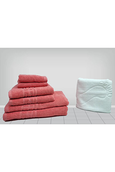 rotop Set 7 Pakistani Cotton Towels Greek Border Coral