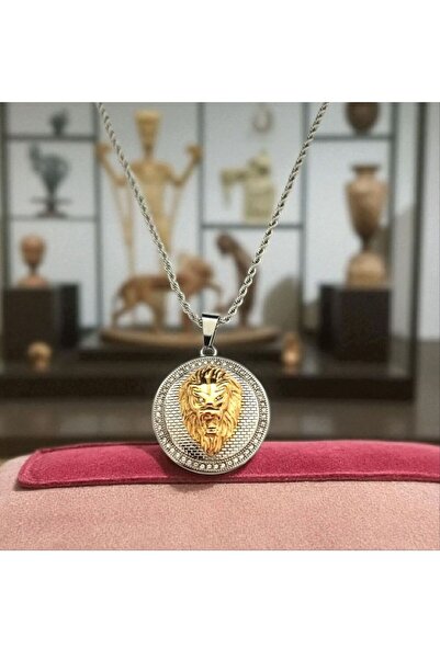 AKSESUARIM Men's Zircon Stone Lion Figured Steel Necklace