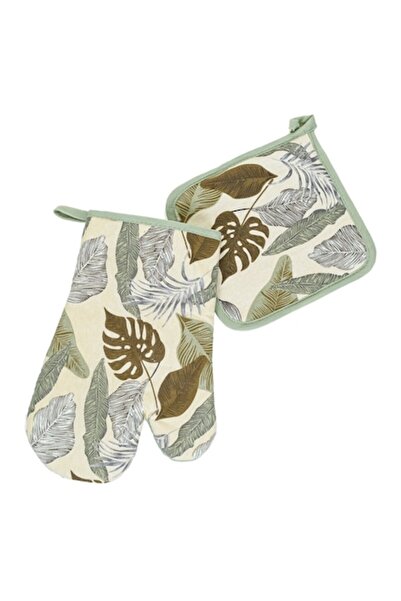 OEM Set mănușă de bucătărie și șervețel, model frunze tropicale, verde bej, 2...