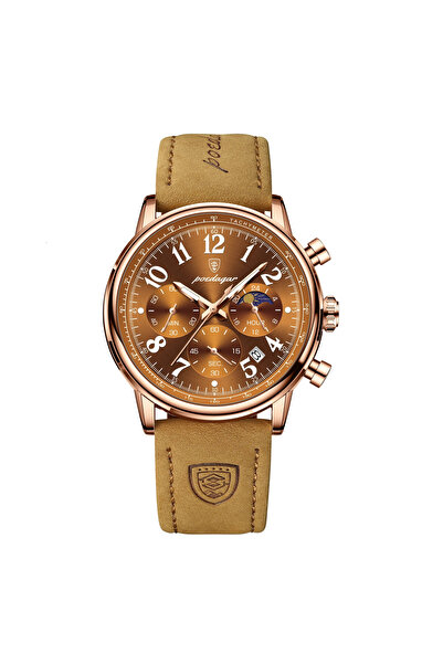 POEDAGAR Ceas bărbătesc cronograf la modă casual cu dată, indici luminosi, piele naturală, maro