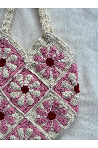 EHF LifeStyle RETRO PEMBE ÇİÇEK EL ÖRGÜSÜ MOTİF OMUZ ÇANTA