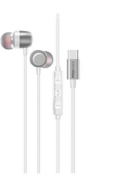 Promate Silken-ENC High-Fidelity USB-C Earphones with ENC Mic, Inline Controls, 1.2m Cable (White)
