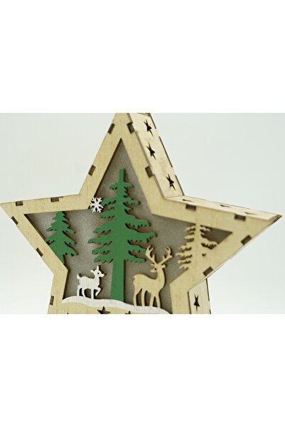 Bibilel Lighted decoration, star with reindeer design, brown, 18 x 18 x 4 cm, wood, indoor/outdoor