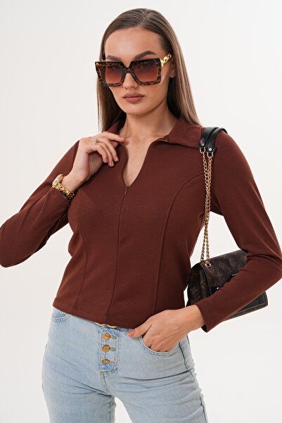 ŞİMAL Women's Collared Zipper Detailed Modal Sweatshirt 255370 -