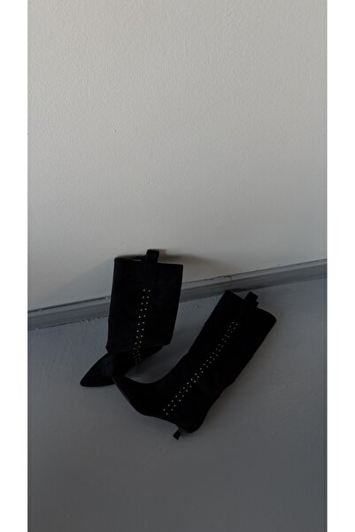 Eataly Shoes Siyah Süet Dizaltı Kadın Çizme Minik Gold Troklu