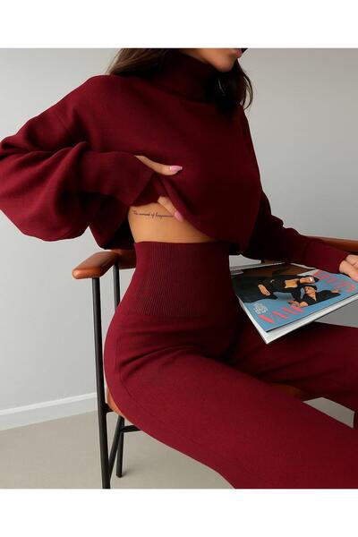 munora butik Finger-Looped High-Waist Knitwear Burgundy Set