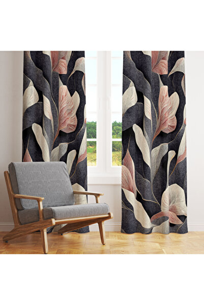 LadiesHome Antrasit Pudra Yaprak Desenli 140x260 Tek Kanat Fon Perde