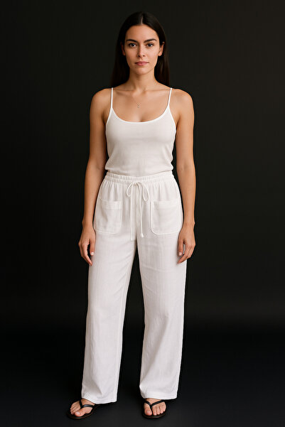 Çeşme Home Women's White Linen Comfortable Fit Pocketed Lace-Up Trousers