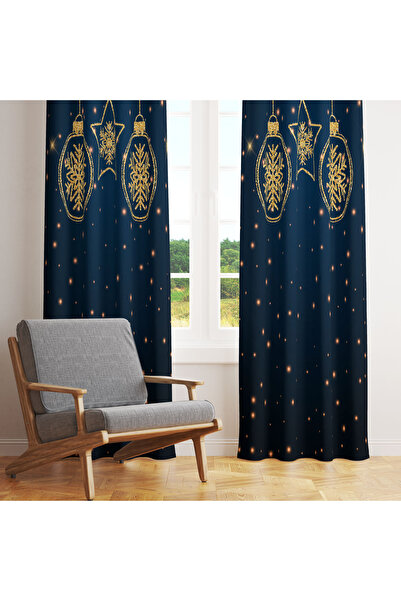 LadiesHome Lacivert Zemin Altın Işıltılı Yılbaşı Temalı Tek Kanat Fon Perde 1...