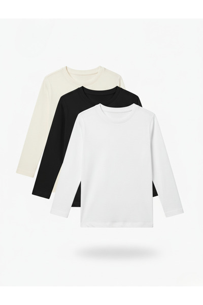 Shifre تي شيرت بادي للأطفال بأكمام طويلة مكون من 3 قطع باللون الأسود والأبيض ...