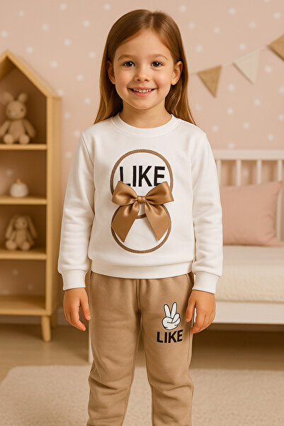 Uğur bebe Girl's Two Thread Sha Fleece-Lined Threaded Tracksuit Set Full Li Stretch Fabric Real Ribbon Detailed, Soft and Comfortable